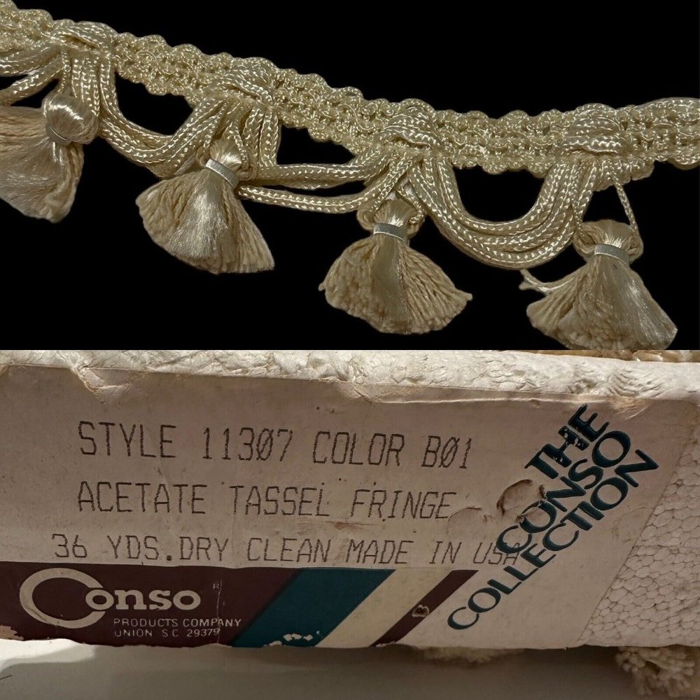 Vtg Conso Fabric Upholstery 2" Fringe Tassel Loop Trim Gold Pom Pom By Yard